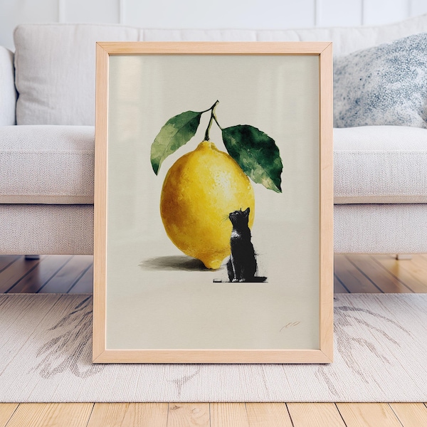 Black Cat Lemon Watercolor Art Print – Whimsical Kitchen Decor