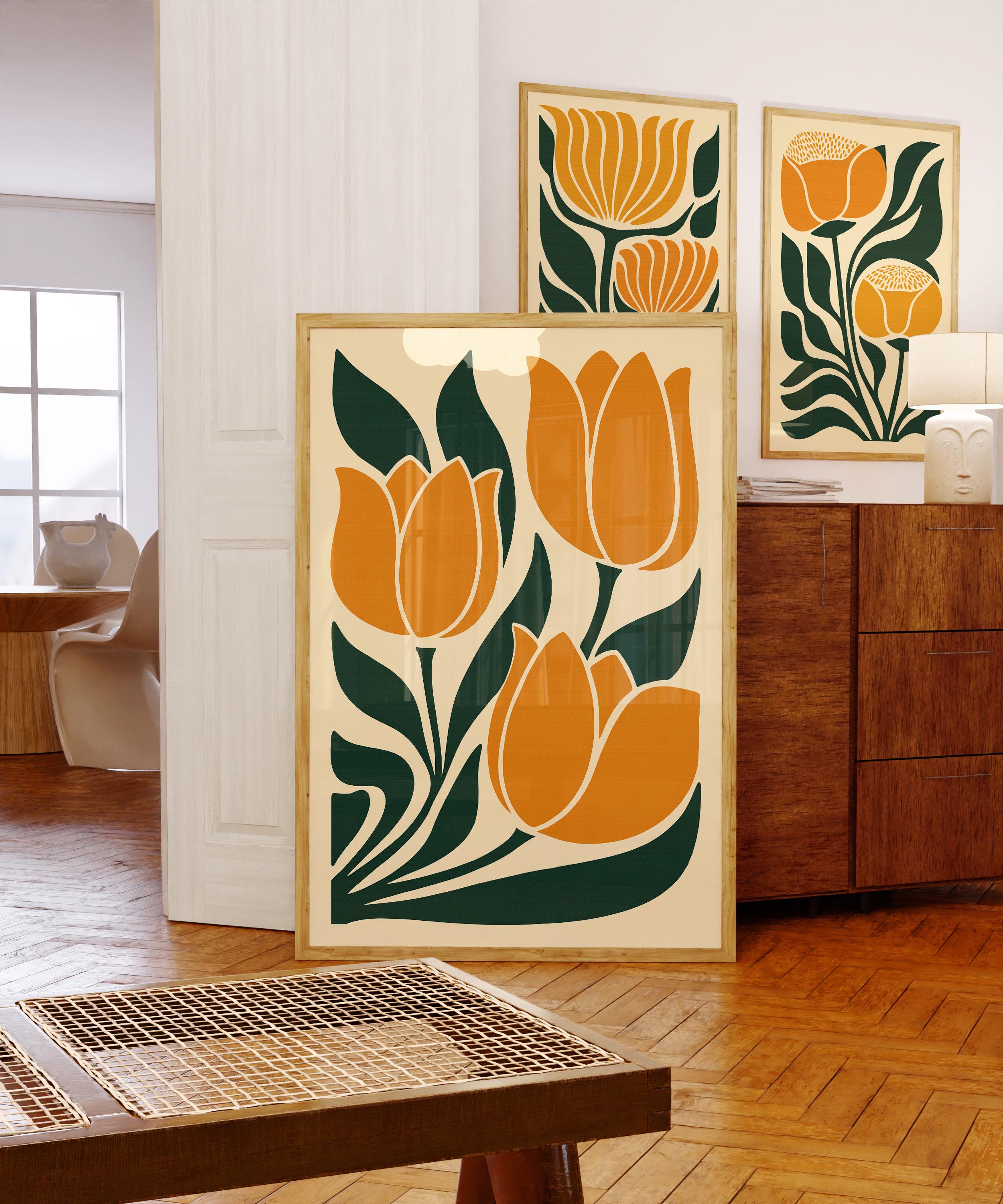 Mid Century Floral Wall Art Set: Retro Orange & Green Botanical Prints ...