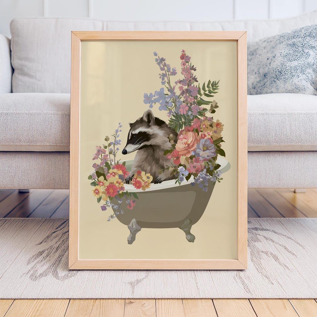 Raccoon Bathtub Floral Illustration Art Print - Funny Animal Bathroom ...