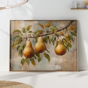 May include: A framed painting of three ripe pears hanging from a branch with green and yellow leaves. The pears are golden-yellow with a hint of red, set against a textured, neutral-toned background.
