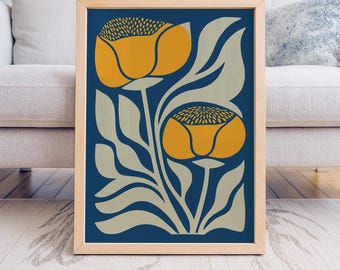 Mid Century Poppy Art Print – Bold Yellow Flowers On Deep Blue Wall Decor