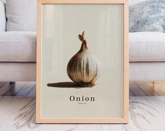 May include: A framed print featuring a detailed illustration of an onion. The onion is brown and white, with a textured surface and a shadow cast on the light beige background. The word "Onion" is printed in black below the onion.