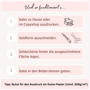 May include: A light pink infographic with the text "Und so funktioniert's..." and numbered steps. The steps include printing, cutting, placing money behind cutouts, and framing. The bottom text suggests using sturdy paper.