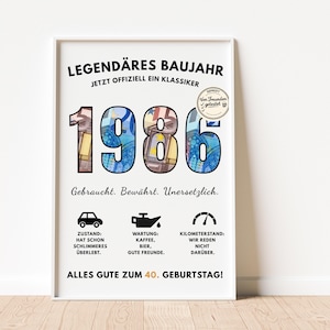 Pu&ograve; includere: Stampa con cornice bianca con il testo tedesco "LEGEND&Auml;RES BAUJAHR" e l'anno "1986" in grandi numeri. I numeri sono riempiti con un design colorato. La stampa include anche testo e icone.