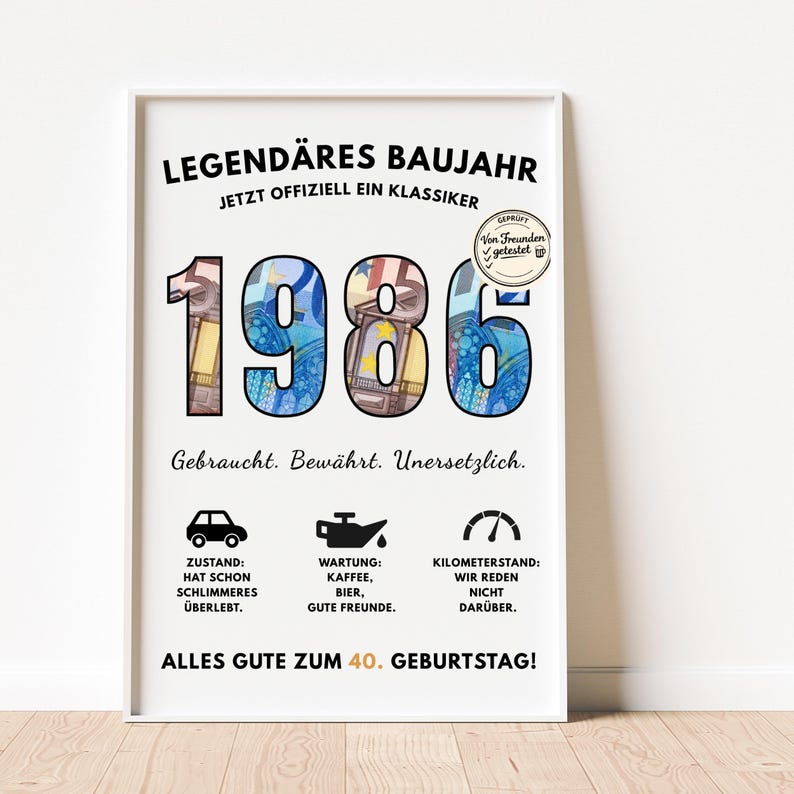 Pu&ograve; includere: Stampa con cornice bianca con il testo tedesco "LEGEND&Auml;RES BAUJAHR" e l'anno "1986" in grandi numeri. I numeri sono riempiti con un design colorato. La stampa include anche testo e icone.
