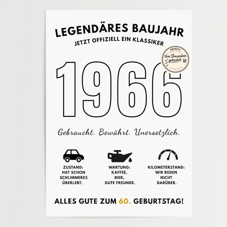 May include: A white poster with black text and graphics. The text reads "LEGEND&Auml;RES BAUJAHR 1966" and "ALLES GUTE ZUM 60. GEBURTSTAG!". Includes icons of a car, oil can, and speedometer.