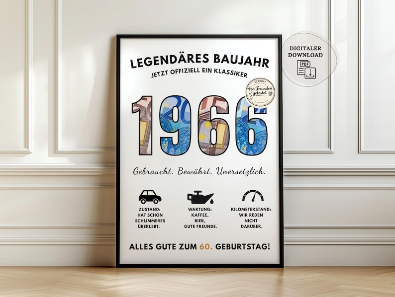 Geldgeschenk zum 60. Geburtstag Mann, Poster „Legendäres Baujahr 1966“ mit Währungsdesign Zahlen sowie Auto, Öl und Tachometer Symbolen, Geld kreativ schenken mit lustiger DIY PDF Download Vorlage zum Selbstausdrucken