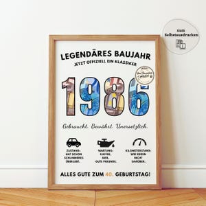 Op de afbeelding: Een ingelijste print met de tekst "LEGENDÄRES BAUJAHR" en het jaar "1986". De print bevat Duitse tekst en pictogrammen die betrekking hebben op een auto, olie en een snelheidsmeter. De zin "ALLES GUTE ZUM 40. GEBURTSTAG!" is ook zichtbaar.