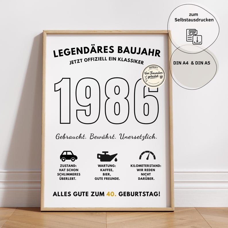 Pu&ograve; includere: Una stampa incorniciata con l'anno 1986 in grandi numeri neri. La stampa include testo tedesco, icone e la frase "Alles Gute zum 40. Geburtstag!" (Buon 40&deg; compleanno!). Progettato per la stampa autonoma nei formati DIN A4 e A5.