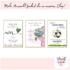 May include: Three framed art prints with watercolor illustrations. The prints feature text in German, including phrases like "True Love Begins" and "Happy Birthday." One print shows a soccer ball, another a bouquet, and the third a heart.