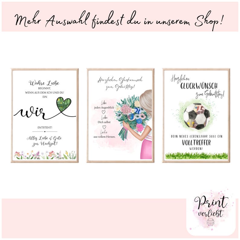 May include: Three framed art prints with watercolor illustrations. The prints feature text in German, including phrases like "True Love Begins" and "Happy Birthday." One print shows a soccer ball, another a bouquet, and the third a heart.