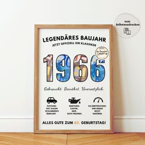 May include: A framed print with the year "1966" in large numbers, filled with a euro bill design. The print includes German text, celebrating a 60th birthday with humorous references to a car's condition and mileage. The frame is made of light brown wood.