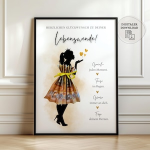Könnte beinhalten: Gerahmter Druck mit einer schwarzen Silhouette einer Person in einem Kleid aus Geldscheinen, die herzförmiges Konfetti bläst. Der deutsche Text lautet "HERZLICHEN GLÜCKWUNSCH ZU DEINER Lebenswende!". Digitaler Download verfügbar.