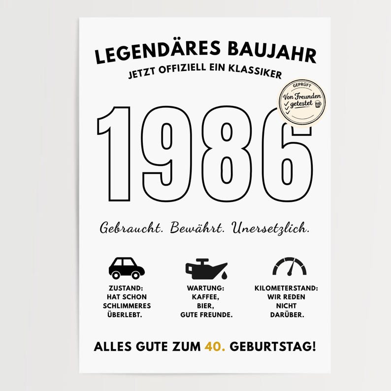 Pu&ograve; includere: Un poster bianco con testo e grafica neri. Il testo principale recita "LEGEND&Auml;RES BAUJAHR 1986" con testo e icone aggiuntive relative a un 40&deg; compleanno. Include un piccolo adesivo rotondo che dice "Von Freunden getestet".