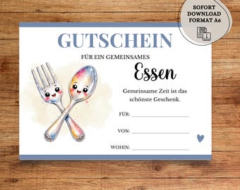 Gutschein Essen gehen zum Ausdrucken | Last Minute Geschenkidee Einladung Dinner | Restaurant Gutschein | Digitaler Sofortdownload A6
