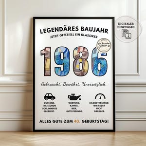 Pu&ograve; includere: Una stampa incorniciata con l'anno "1986" in evidenza, riempita con un collage di banconote colorate. Il testo in tedesco celebra un 40&deg; compleanno con riferimenti umoristici all'et&agrave;. La stampa &egrave; in una cornice nera.