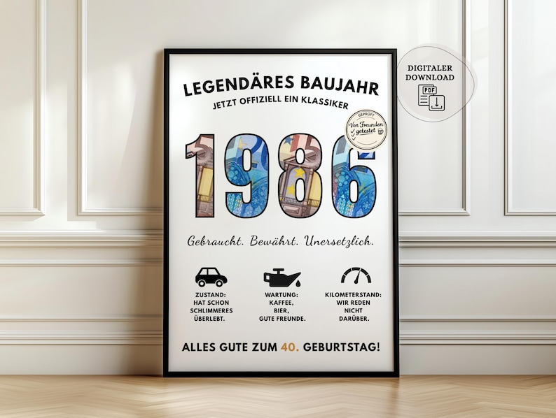 Pu&ograve; includere: Una stampa incorniciata con l'anno "1986" in evidenza, riempita con un collage di banconote colorate. Il testo in tedesco celebra un 40&deg; compleanno con riferimenti umoristici all'et&agrave;. La stampa &egrave; in una cornice nera.