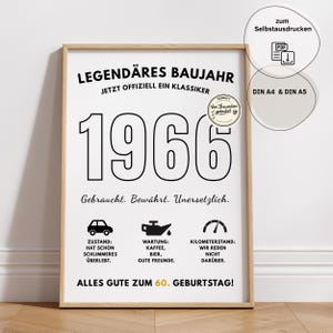 May include: A framed print with the year "1966" in large black numbers. The print includes German text, icons, and the phrase "Alles Gute zum 60. Geburtstag!" It is designed for self-printing in DIN A4 and A5 sizes.
