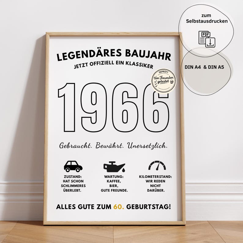 May include: A framed print with the year "1966" in large black numbers. The print includes German text, icons, and the phrase "Alles Gute zum 60. Geburtstag!" It is designed for self-printing in DIN A4 and A5 sizes.
