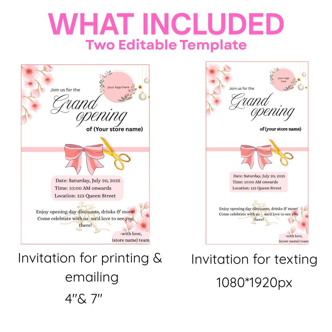 Grand Opening Invitation Template, Editable Canva Invite, Business Store Opening, Pink Floral, Ribbon Cutting Ceremony, Mobile & Print