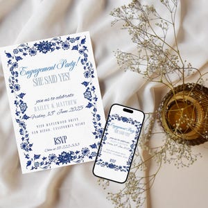 Invitación de fiesta de compromiso editable azul, tarjeta de compromiso digital, plantilla de compromiso imprimible, descarga instantánea, floral, Evite para pareja