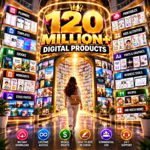 Può includere: Una pubblicità per un pacchetto di prodotti digitali con il testo 120 MILLION+ DIGITAL PRODUCTS. L'immagine mostra categorie come agende, modelli, ebook, fogli di lavoro, foto, stampabili, attività per bambini, font e strumenti aziendali.