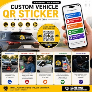 Puede incluir: Una pegatina QR personalizada para vehículos con un diseño circular amarillo, un código QR central, iconos de coche y moto, y el texto SCAN & INFORM IN CASE OF ANY NEED. La pegatina se muestra aplicada en una ventanilla y en una pantalla móvil.