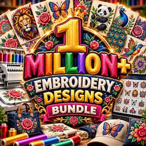 Puede incluir: Un gráfico digital que muestra el texto 1 MILLION EMBROIDERY DESIGNS BUNDLE en letras 3D coloridas, rodeado de varios motivos bordados que incluyen un león, panda, pavo real, mariposa y flores, con suministros de costura debajo.