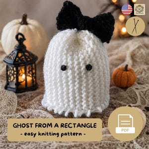 May include: A white knitted ghost figure featuring a black bow on top and two small black circular eyes. The text on the image reads: GHOST FROM A RECTANGLE - easy knitting pattern - and includes a PDF icon. The ghost has a textured yarn surface.