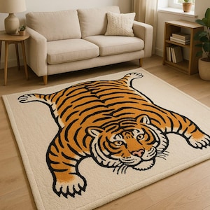 Tiger Shaped Area Rug Bold Animal Print Carpet for Living Room & Kids Room  Beige – Orange Jungle Theme Rug Modern Wild Cat Floor Mat