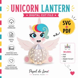 May include: A digital cut file for a unicorn lantern. The design features a smiling unicorn with a colourful mane and a star-patterned lantern. The image includes the text "Unicorn Lantern" and "Digital Cut File."