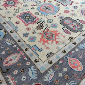 Handmade Oushak Rug | Vintage Turkish Wool Carpet | Distressed Blue Coral Rug 6x9 | Soft Oriental Area Rug | Antique Look Oushak