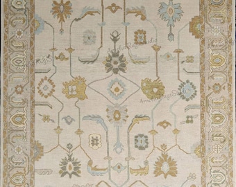 Hand-Knotted Oushak Wool Rug: Cream Beige Blue Turkish Area Rug