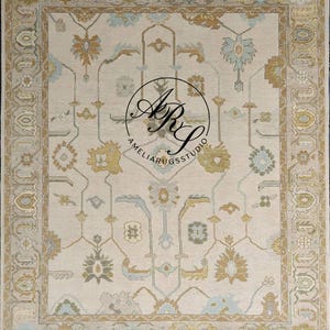 Hand-Knotted Oushak Wool Rug: Cream Beige Blue Turkish Area Rug