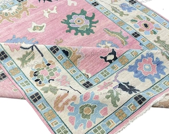 8x10 Pink Turkish Oushak Rug – Hand Knotted Wool Floral Area Carpet, Vintage Oriental Pastel Large Rug for Living Room, pink oushak rug