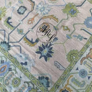 Handwoven Oushak Wool Rug: Blue Green Turkish Boho Carpet