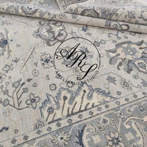 Oushak Rug Hand-Knotted Wool | Gray Blue Turkish Area Rug | Vintage Soft Tones | Oriental Carpet | Traditional Elegant Decor