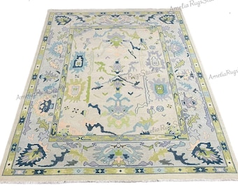 8x10 9x12 Blue Green Olive Green Beige Oushak Rug | Hand Knotted Turkish Wool Carpet | Vintage Oriental Area Rug