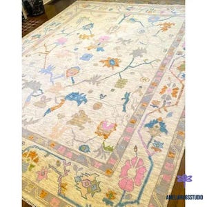 Hand Knotted Oushak Wool Rug: Soft Neutral Floral Carpet ,Duties Paid, No Tariffs