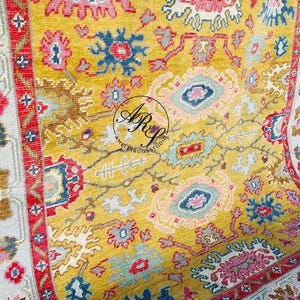 Yellow Pink Oushak Rug | Hand-Knotted Turkish Wool Carpet | Vintage Floral Area Rug | Colorful Oriental Decor | Boho Room Accent