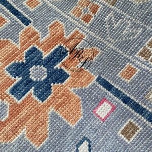 Handmade Turkish Oushak Rug | Pastel Wool Area Rug | Soft Geometric Pattern | Neutral & Blue Tones | Vintage Style Home Decor