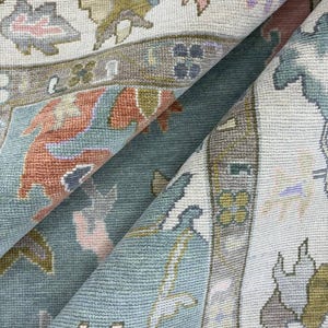 Hand-Knotted Oushak Rug | Turquoise Blue Wool Area Rug with Floral Motifs | Colorful Turkish Oriental Carpet | Unique Handmade Rug