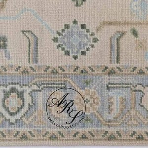 Hand-Knotted Oushak Wool Rug: Pale Beige & Blue Turkish Carpet