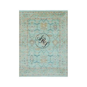 Turkish Oushak Rug | Hand-Knotted 100% Wool | Natural Dyes | Aqua Blue Area Rug | Living Room Bedroom | Quick Ship | Vintage Look