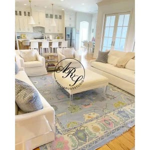 Light Blue Oushak Rug | Hand-Knotted Turkish Wool Carpet | Soft Pastel Oriental Area Rug | Vintage Floral Design for Home Decor
