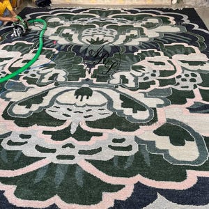 Modern Floral Oushak Rug | Handwoven Turkish Wool Area Rug | Dark Navy Green Beige Vintage Carpet | Bold Medallion Statement Rug