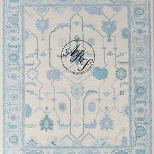 Light Blue Oushak Rug | Handmade Wool Turkish Area Carpet | Soft Pastel Traditional Design | Vintage Look | Neutral Boho Home Decor