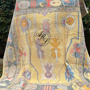 Yellow Oushak Rug | Hand-Knotted Vintage Turkish Wool Rug | Distressed Pastel Oriental Carpet | Large Boho Area Rug for Living Room