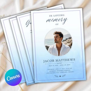 Puede incluir: Un programa funerario con fondo degradado azul y borde blanco. El texto dice IN LOVING MEMORY OF JACOB MATTHEWS, MAY 14, 1990 - APRIL 20, 2024, SATURDAY, APRIL 27, 2024, 10:00 AM, RIVERSIDE MEMORIAL GARDENS, 1234 PEACEFUL WAY, PORTLAND, OREGON.