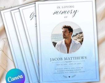 Blue Funeral Program Template Canva, Blue Watercolor Funeral Program, Memorial Service, Celebration of Life Canva, In loving Memory CANVA